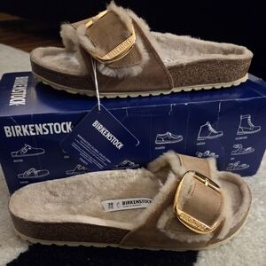 BIRKENSTOCK MADRID BIG BUCKLE OILRD LEATHER SHEARLING  'COGNAC' SLIDE EU SZ 38